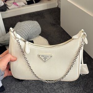 Cream Saffiano Leather Shoulder Bag with Silver Chain
